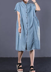 Elegant denim blue cotton clothes Cinched pockets long Dresses