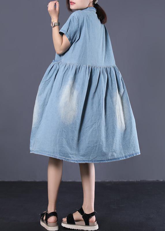 Elegant denim blue cotton clothes Cinched pockets long Dresses