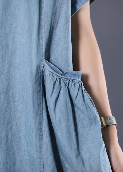 Elegant denim blue cotton clothes Cinched pockets long Dresses