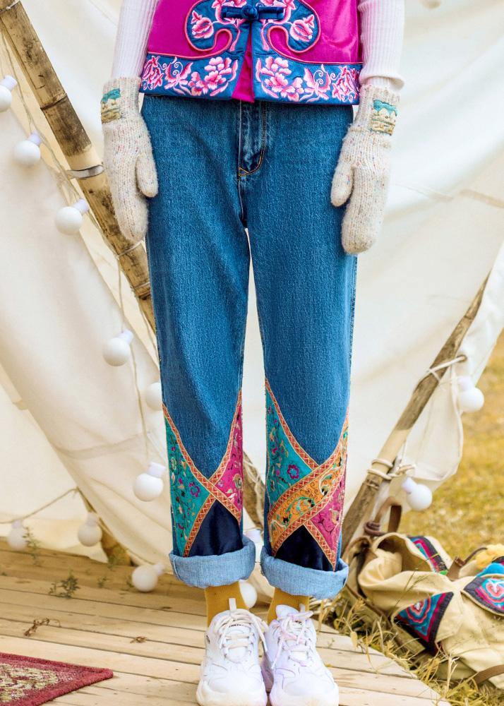 Elegant high waist pants fall denim blue design patchwork pant