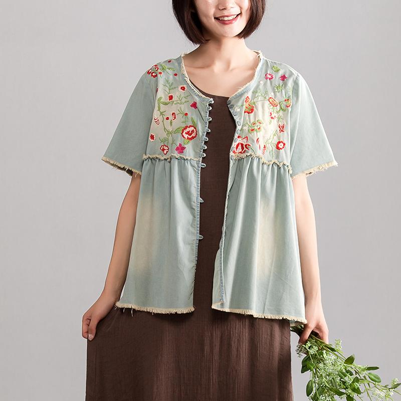 Elegant pure cotton blouse trendy plus size Embroidery Short Sleeve Casual Loose Denim Tops