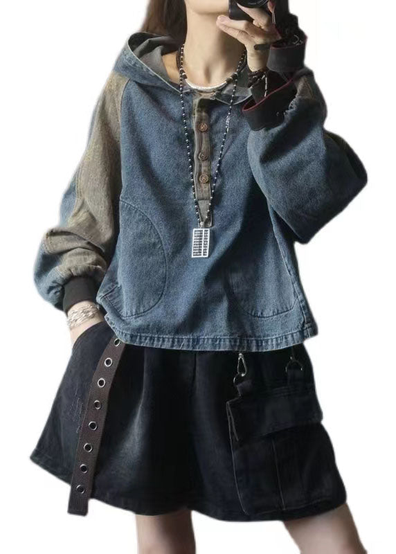 Elegant Hooded Pockets Button Fall Denim Sweatshirts