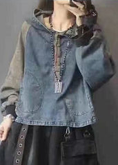 Elegant Hooded Pockets Button Fall Denim Sweatshirts