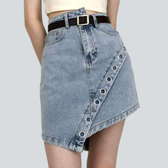 Embellished asymmetric hem denim skirt