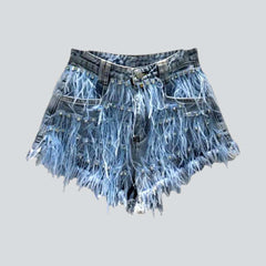 Embellished fringe distressed denim shorts