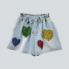 Embellished heart embroidery denim shorts