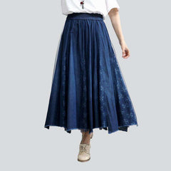 Embroidered elastic waist denim skirt