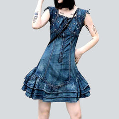 Embroidered frills mini denim dress