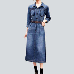 Embroidered pocket long denim dress