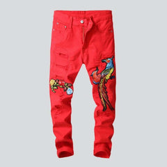 Embroidered ripped men red jeans