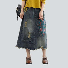 Embroidered ripped women denim skirt