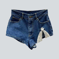 Embroidered slit women denim shorts