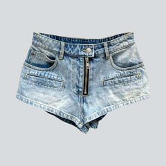 Exposed zipper mini denim shorts