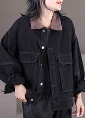 Schwarz Peter Pan Kragen Cord Patchwork Button Denim Mäntel Herbst