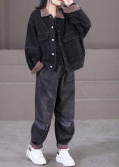 Schwarz Peter Pan Kragen Cord Patchwork Button Denim Mäntel Herbst