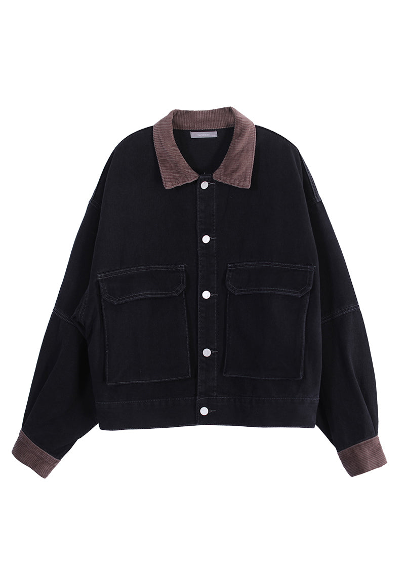 Black Peter Pan Collar Corduroy Patchwork Button Denim Coats Fall