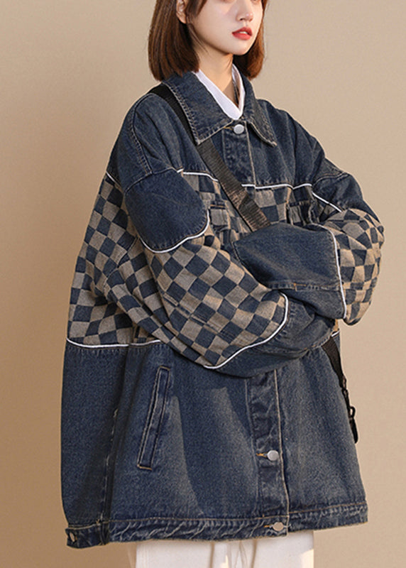 Black Peter Pan Collar Plaid Patchwork Button Cotton Denim Coat Fall