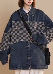 Black Peter Pan Collar Plaid Patchwork Button Cotton Denim Coat Fall