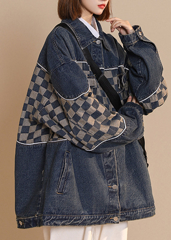 Black Peter Pan Collar Plaid Patchwork Button Cotton Denim Coat Fall