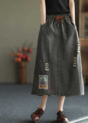 Black Side Open Embroideried Pockets Cotton Denim Ripped Skirt