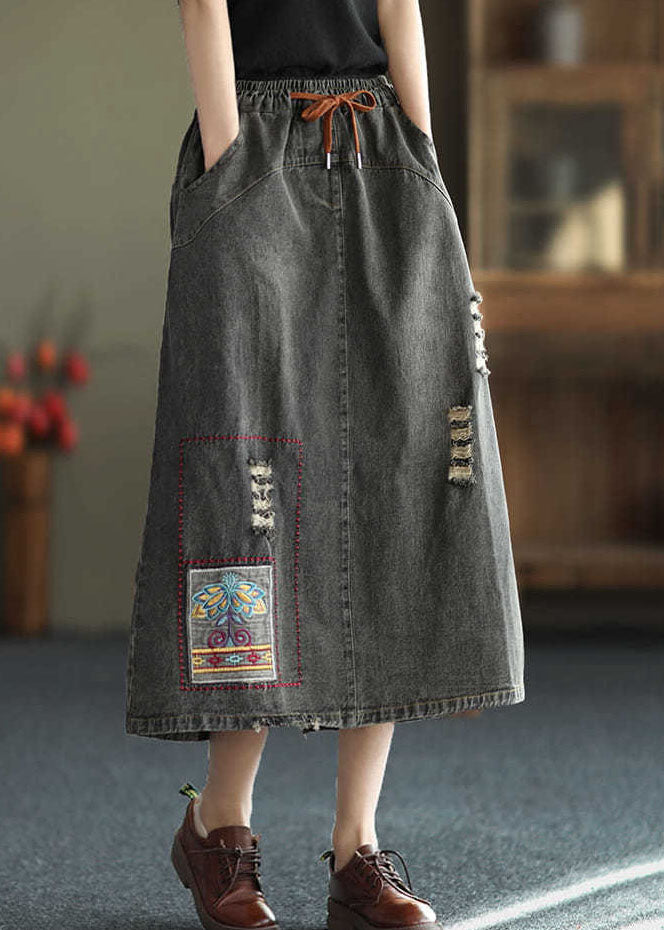 Black Side Open Embroideried Pockets Cotton Denim Ripped Skirt