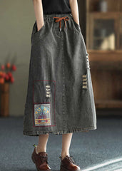 Black Side Open Embroideried Pockets Cotton Denim Ripped Skirt