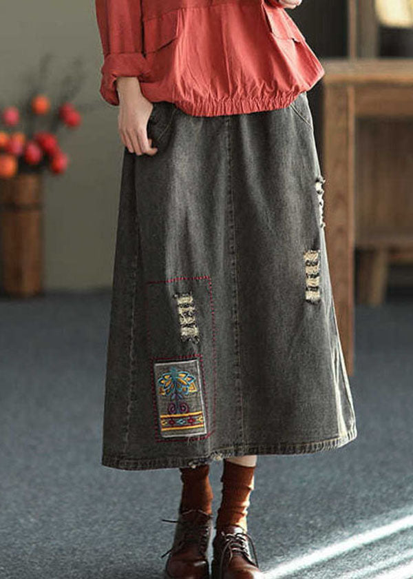 Black Side Open Embroideried Pockets Cotton Denim Ripped Skirt