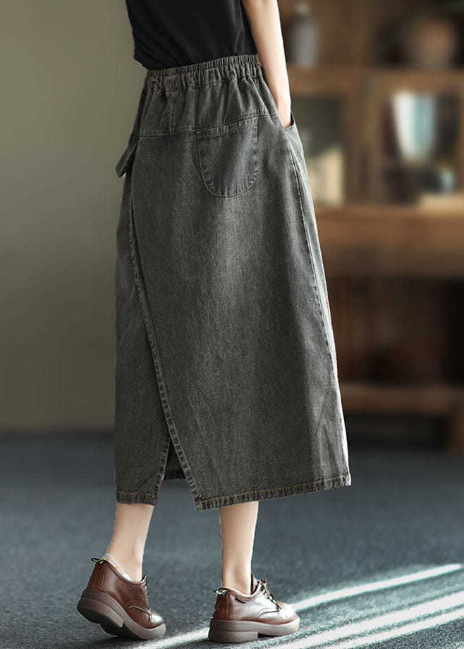 Black Side Open Embroideried Pockets Cotton Denim Ripped Skirt