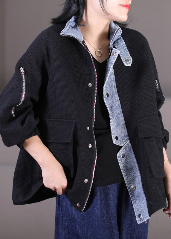 Black Stand Collar Zippered Button Pockets Denim Patchwork Coats Long Sleeve