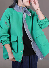 Black Stand Collar Zippered Button Pockets Denim Patchwork Coats Long Sleeve