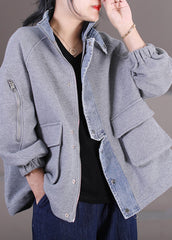 Black Stand Collar Zippered Button Pockets Denim Patchwork Coats Long Sleeve