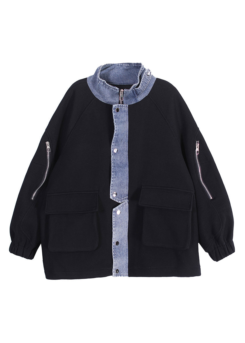 Black Stand Collar Zippered Button Pockets Denim Patchwork Coats Long Sleeve