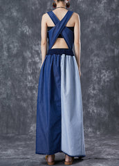 Blue Asymmetrical Patchwork Backless Denim Dress