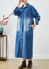 Blue Button Down Side Open Denim Trench Coats Fall