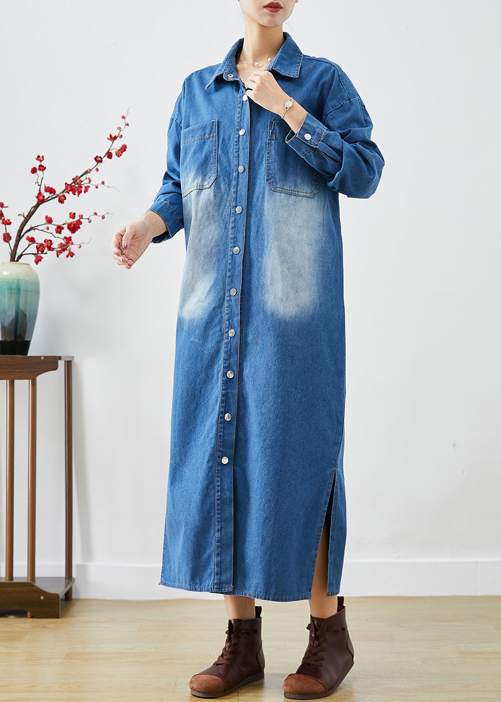 Blue Button Down Side Open Denim Trench Coats Fall