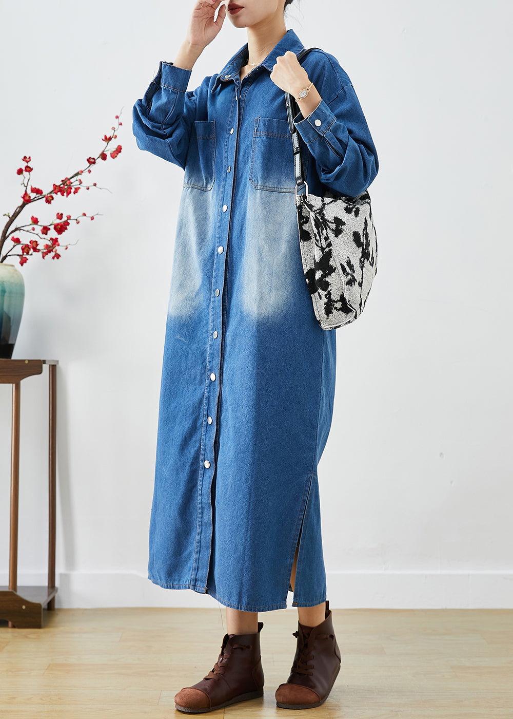 Blue Button Down Side Open Denim Trench Coats Fall