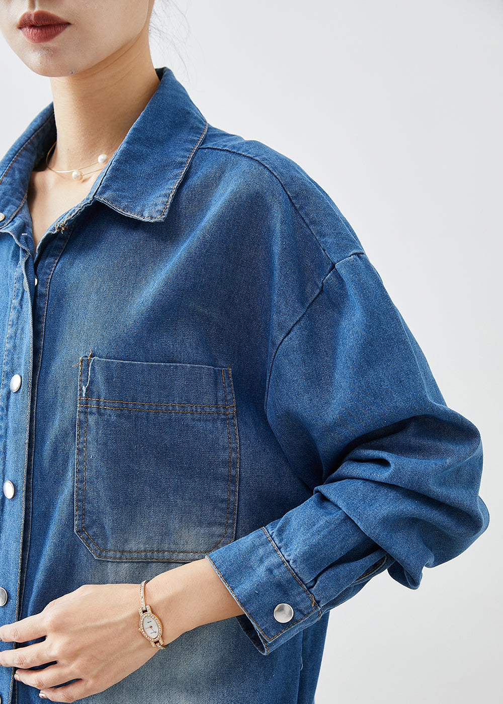 Blaue Button-Down-Seite offen Denim Trenchcoats Herbst