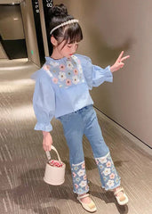 Blue Floral Ruffled Cotton Tops And Denim Pants Baby Girls Two Pieces Set Fall