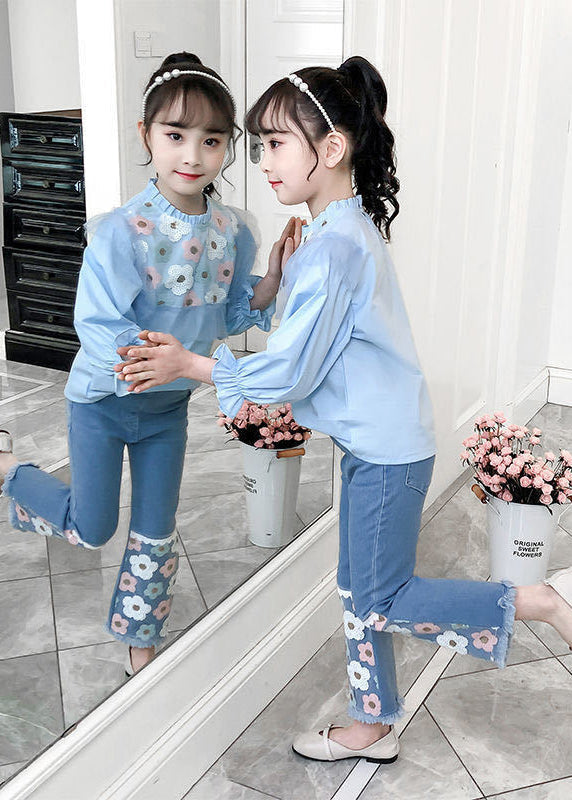 Blue Floral Ruffled Cotton Tops And Denim Pants Baby Girls Two Pieces Set Fall