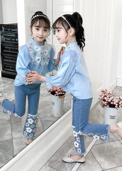 Blue Floral Ruffled Cotton Tops And Denim Pants Baby Girls Two Pieces Set Fall