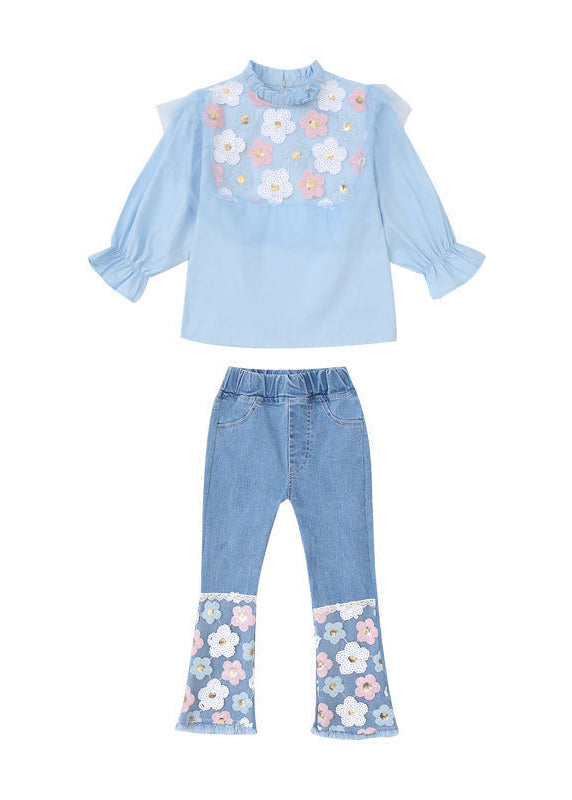 Blue Floral Ruffled Cotton Tops And Denim Pants Baby Girls Two Pieces Set Fall