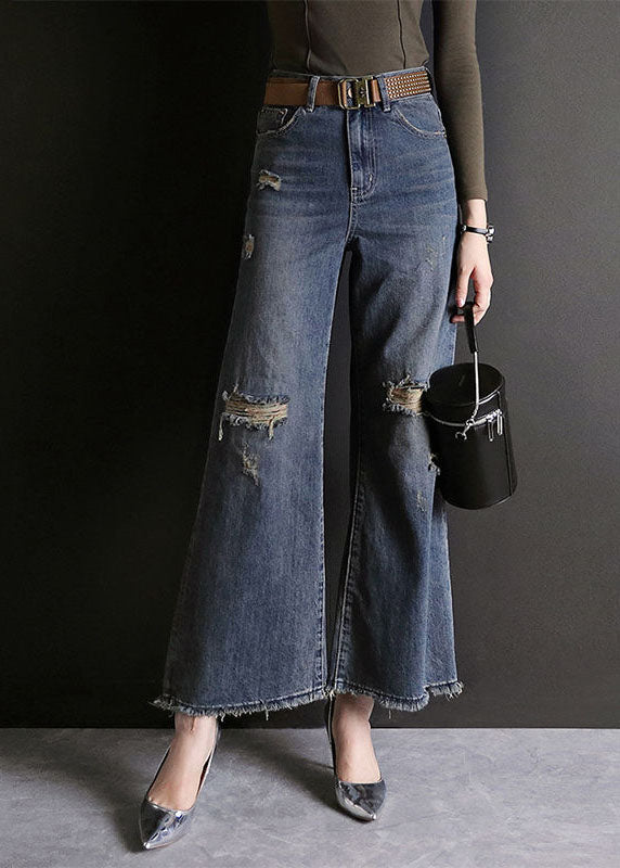 Blue High Waist Hole Pockets Cotton Denim Flare Pants