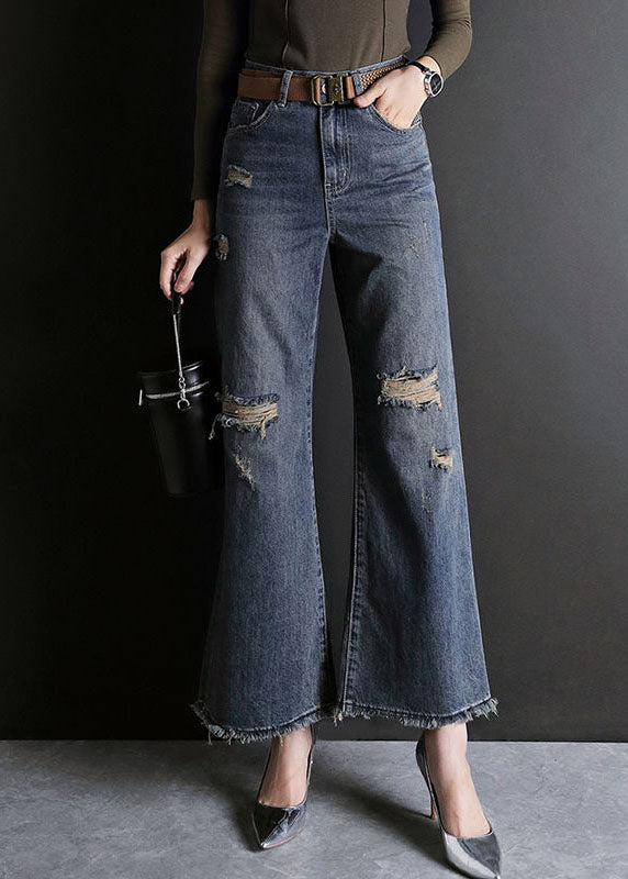 Blue High Waist Hole Pockets Cotton Denim Flare Pants