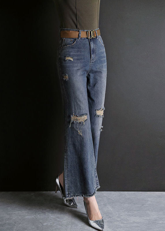 Blue High Waist Hole Pockets Cotton Denim Flare Pants