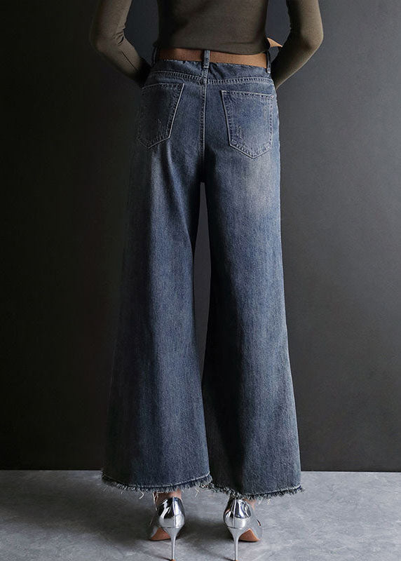 Blue High Waist Hole Pockets Cotton Denim Flare Pants