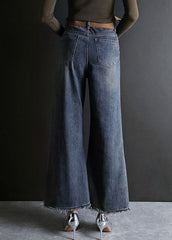 Blue High Waist Hole Pockets Cotton Denim Flare Pants