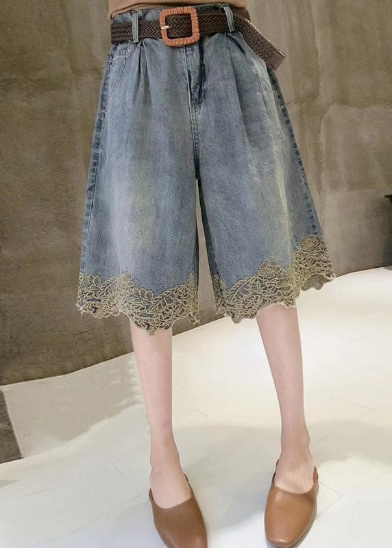 Blue High Waist Lace Patchwork Denim Shorts