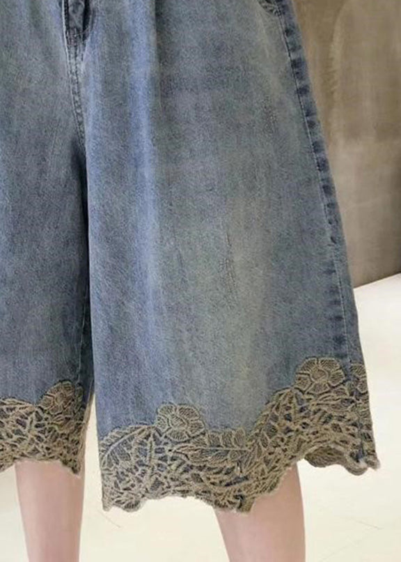 Blue High Waist Lace Patchwork Denim Shorts