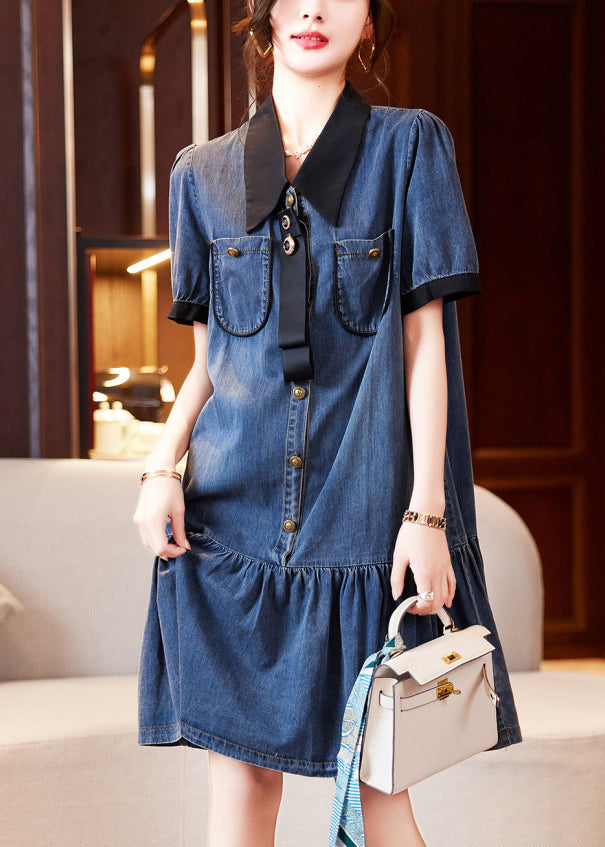 Blue Peter Pan Collar Patchwork Ruffles Denim Dresses