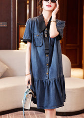 Blue Peter Pan Collar Patchwork Ruffles Denim Dresses